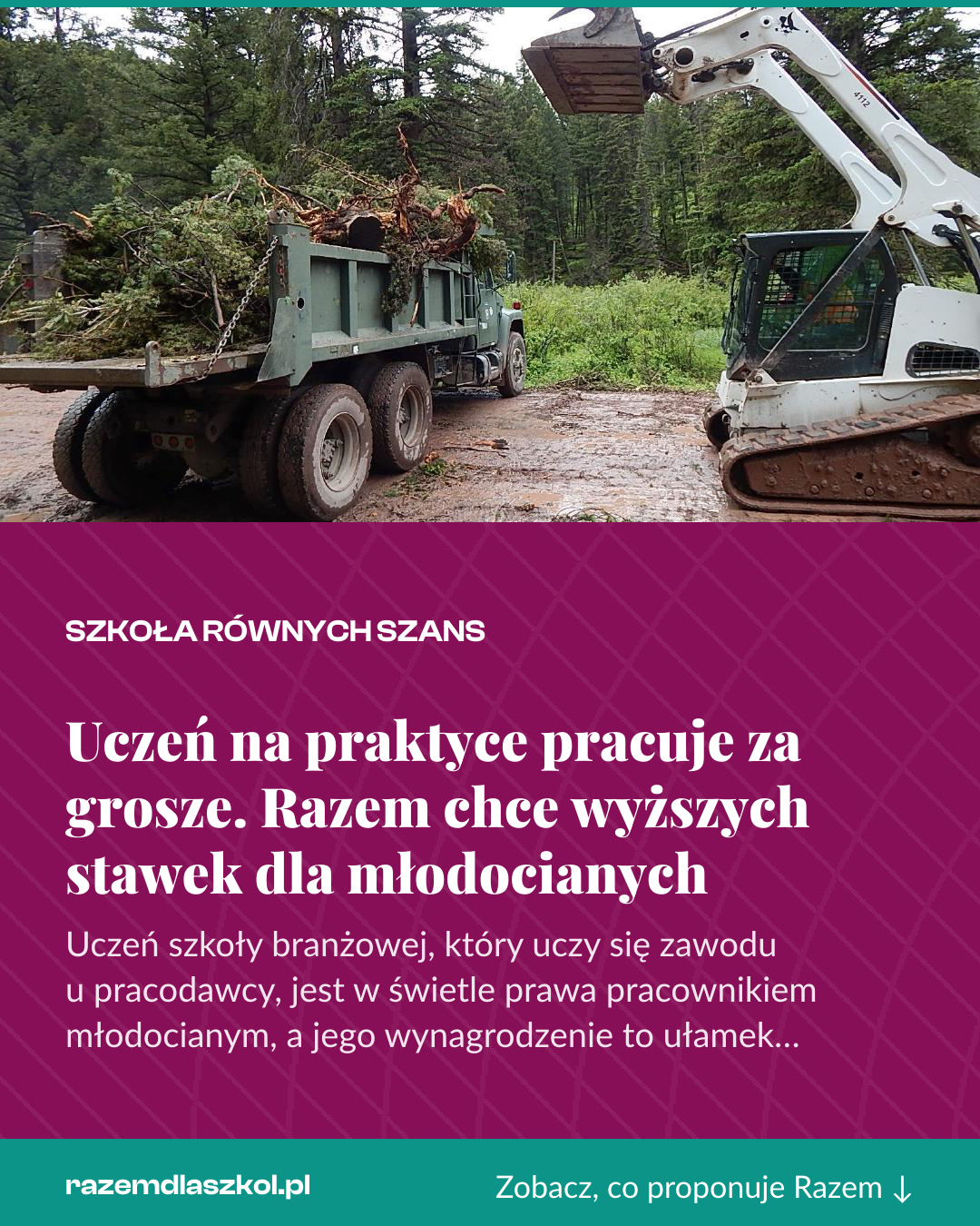 Grafika pionowa do udostępnienia: Uczeń na praktyce pracuje za grosze. Razem chce wyższych stawek dla młodocianych