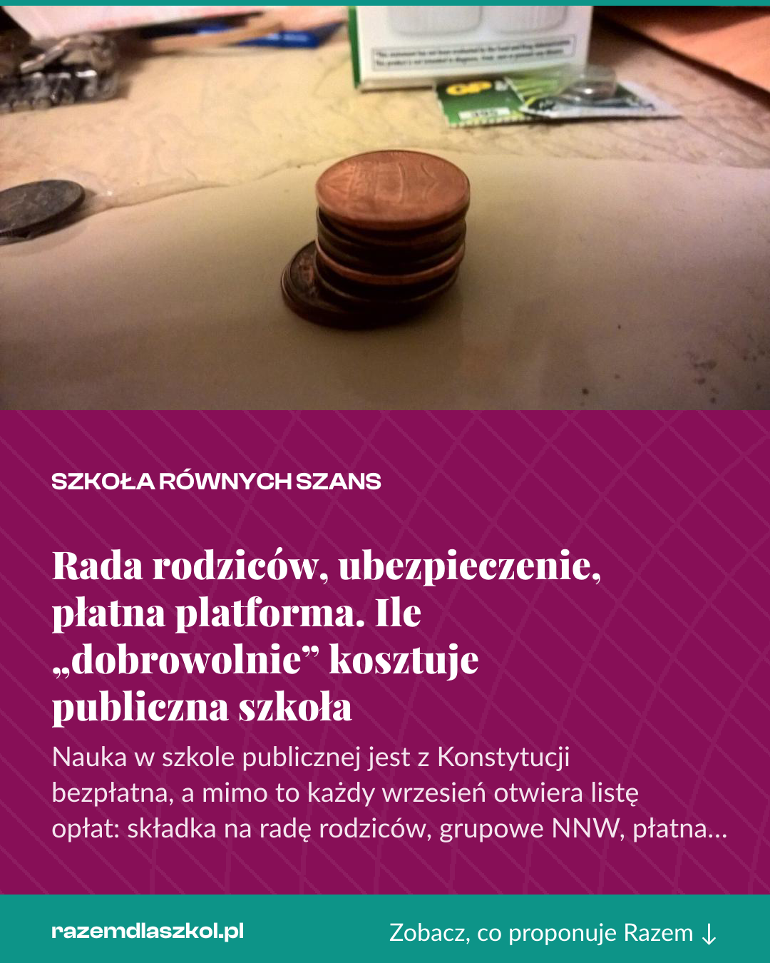 Grafika pionowa do udostępnienia: Rada rodziców, ubezpieczenie, płatna platforma. Ile „dobrowolnie” kosztuje publiczna szkoła