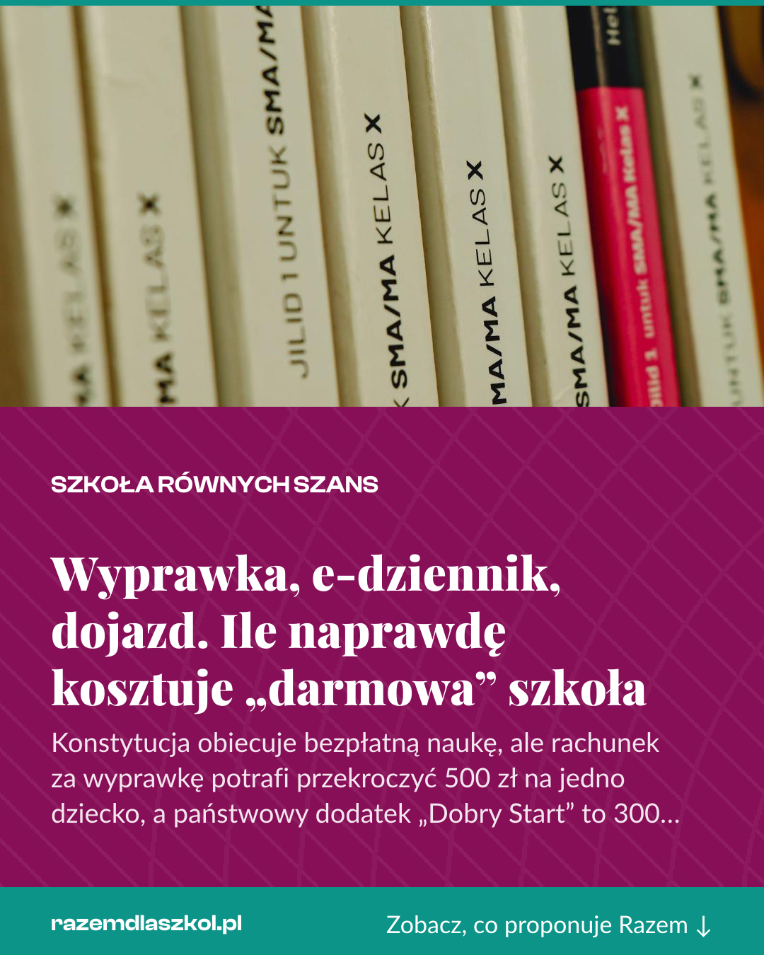 Grafika pionowa do udostępnienia: Wyprawka, e-dziennik, dojazd. Ile naprawdę kosztuje „darmowa” szkoła