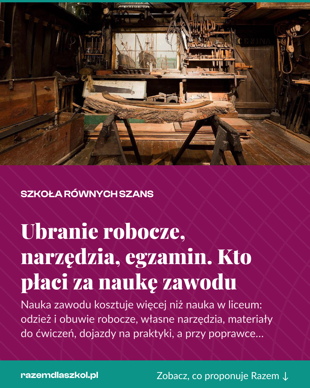 Grafika pionowa do udostępnienia: Ubranie robocze, narzędzia, egzamin. Kto płaci za naukę zawodu