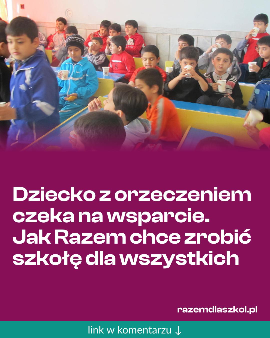 Grafika do udostępnienia: Dziecko z orzeczeniem czeka na wsparcie. Jak Razem chce zrobić szkołę dla wszystkich